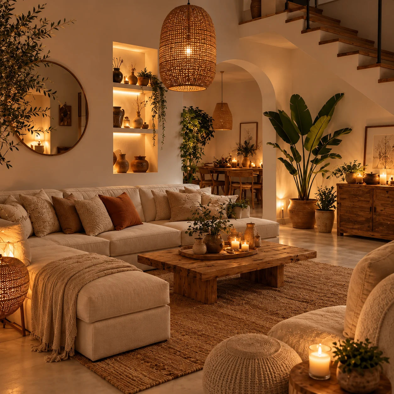 Sala de estar aconchegante em estilo hygge, com luminária de fibra natural, velas acesas e plantas